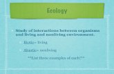 Ecology Study of interactions between organisms and living and nonliving environment. Biotic= living Abiotic= nonliving **List three examples of each!** Interdependence Interconnectedness