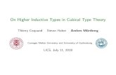 On Higher Inductive Types in Cubical Type Theory · Homotopy Type Theory = UTT + Higher Inductive Types Higher inductive types (˘2011) allow us to directly represent topological