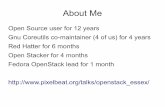 About Me · About Me Open Source user for 12 years Gnu Coreutils co-maintainer (4 of us) for 4 years Red Hatter for 6 months Open Stacker for 4 months Fedora OpenStack lead for 1