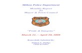 Monthly Report To Mayor & Town Council · Milton Police on April 6, 2008 arrested Bryan J. Stewart, 23, of Milton, De for Offensive Touching, Criminal Mischief, and Disorderly Conduct.