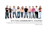 It’s the community, stupid!IT’S THE COMMUNITY, STUPID! 7‐step Plan To Raise & Nurture Any Community Online Karine Joly 2005 RSS (17), podcasting (46) 2006 blogs (84) 2007 video
