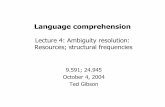 Lecture 4: Ambiguity resolution: Resources; structural frequencies · 2020-05-12 · Application of DLT to the MV/RR ambiguity Grodner, Gibson & Tunstall (2002) MV/RR embedded in