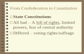 Confederation and Constitution...From Confederation to Constitution Big Questions for the New Gov’t representation of the states division of powers between state govts and the federal