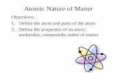 Atomic Nature of Matter · Molecules • Atoms combine to form molecules. • Can be simple or complex combinations – Simple: 2 hydrogen atoms and 1 oxygen atom combine to form