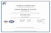 Certificate of Registration Valiant Machine & Tool Inc. · Valiant International Inc.- C0108103 2469 Executive Hills Blvd Auburn Hills, Michigan, 48326, United States Scope: Engineer,