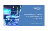 Presentation of financial results of QUMAK S.A. for 1H 2016 · Financial results in 1H 2016. Revenue Results 1H2016 vs. 1H2015 352.8 176.0 1H2015 1H2016 mln PLN-50% 16.8 16.9 1H2015