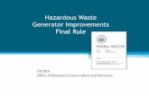 Hazardous Waste Generator Improvements Final Rule...The 2016 HW Generator Improvements Final Rule — Over 60 changes to Hazardous Waste Generator Program that: 1. Reorganizes the