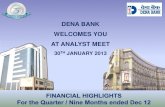 DENA BANK WELCOMES YOU AT ANALYST MEET€¦ · RETAIL LENDING 22 [`cr] [`cr] Dec 11 Dec 12 Y-o-Y Growth % Direct Retail 4,765 6,202 30.17 Total Retail 6,614 7,666 15.90 % of Gross
