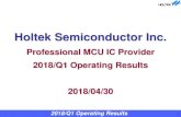 Holtek Semiconductor Inc....1% Health Care 11% Home Appliance 43% Industrial Control 15% Others 12% PC Peripheral 9% Security 6% Toy & Educational 3% Holtek Applications-18Q1 YOY E-Banking