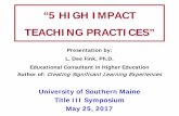 “5 HIGH IMPACT TEACHING PRACTICES” H.I.T.P - S...May 25, 2017  · 5 High Impact Teaching Practices. Origin of Idea of “High Impact Practices” • 2000: National Survey of