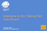Welcome to the Taking Part User Event - gov.uk · Department for Culture, Media and Sport Improving the quality of life for all • 16:20 Using Taking Part for data visualisation