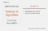 Analysis of Topological sort cont’d Algorithms Dynamic ... · •Topological sort cont’d •Dynamic programming Credit: based on slides by K. Wayne. 1 1. Does every DAG have a
