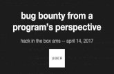 bug bounty from a program’s perspective · uber bug bounty program security.uber.com - public program started on March 22, 2016 $974,000+ (€918,478+) in bounties; 500+ reports