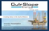 Investor Presentation - GulfSlope...Jan 22, 2015  · 3 Corporate Snapshot GulfSlope Focus Area Shelf Deep Water OTCQB GSPE Market Cap (1/21/15) $66.1 MM Price (1/21/15) $0.10 Avg.