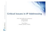Critical Issues in IP AddressingIPv6 Transition: Security • Firewalls • Must be dual-stack/dual-protocol, or separate dedicated firewalls for IPv4 and IPv6 • IPv4 firewall may