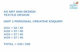 AS ART AND DESIGN TEXTILE DESIGN UNIT 1 PERSONAL … · AS ART AND DESIGN TEXTILE DESIGN UNIT 1 PERSONAL CREATIVE ENQUIRY AO1 = 32 / 40 AO2 = 37 / 40 AO3 = 37 / 40 AO4 = 37 / 40 TOTAL