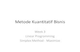 Metode Kuantitatif Bisnis · Metode Kuantitatif Bisnis Week 3 Linear Programming Simplex Method - Maximize . Outlines Solve Linear Programming Model Using Graphic Solution Solve Linear