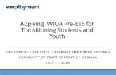 Applying WIOA Pre-ETS for Transitioning Students …...2018/07/11  · COMMUNITY OF PRACTICE MONTHLY WEBINAR JULY 11, 2018 Applying WIOA Pre-ETS for Transitioning Students and Youth