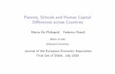 Parents, Schools and Human Capital Differences across ......RelatedLiterature Cross-Countrydiﬀerencesinhumancapital: Bilsand Klenow(2000),Hendricks(2002),Hanushekand Woessman(2012),Schoellman(2012,2016),Manuelliand