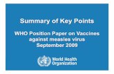 Summary of Key Points - WHO · 2 | Summary of Key Points from WHO Position Paper, Measles Vaccines, September 2009 Measles vaccines WHO position paper Measles virus is highly infectious