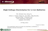 High Voltage Electrolytes for Li-ion Batteries · High Voltage Electrolytes for Li-ion Batteries Army Research Laboratory Adelphi, MD 20783 14 May 2013 Project ID: ES024 This presentation