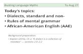 Today’s topics: • Dialects, standard and non- • Rules of ... · • Southern American English is stigmatized as uneducated, lazy, and backwards; New York English is said to