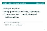 Today’s topics: • Why phonetic terms, symbols? • The vocal tract …jlsmith/ling101/outlines/... · 2020. 8. 17. · 3. The vocal tract & place of articulation • Summary: