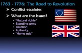 1763 - 1776: The Road to Revolution1763 - 1776: The Road to Revolution Conflict escalates What are the issues? •“Natural rights” •Standing army •Taxation •Authority