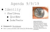 Visual Literacy Spiral Notes Agenda 9/9/19€¦ · Visual Literacy Spiral Notes Guided Practice Homework:The Alchemist Part 1 (read, annotate, take notes) by Wednesday. CCSS.ELA-LITERACY.SL.8.2