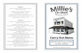 TakeOutMenu 5.5 x8.5 Book - Millie's on Main*MILLIE’S CLASSIC CHEESE BURGER | 13.99 8 oz ground sirloin steak burger char grilled to order, on a grilled brioche roll with lettuce,