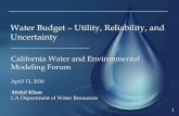 Water Budget Utility, Reliability, and UncertaintyWater Budget – Utility, Reliability, and Uncertainty April 13, 2016 Abdul Khan CA Department of Water Resources California Water