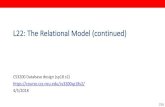L22: The Relational Model (continued)...Relational Algebra (RA) Plan Optimized RA Plan Execution Declarative query (from user) Translate to relational algebra expresson Find logically