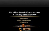 Considerations in Programming A Trading Signal System · Tested Machine Learning Model that produces trader alerts with: 1. Forward looking data - Early News alerts from multiple