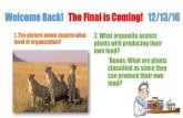 Welcome Back! The Final is Coming! 12/13/16€¦ · Welcome Back! The Final is Coming! 12/13/16 2. What organelle assists plants with producing their own food? *Bonus: What are plants