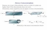 σMax = K ×σt avg...Stress Concentration Stresses at or near a discontinuity such as a hole in a plate are higher than if the discontinuity does not exist. Elementary stress equations