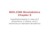 BIOL2300 Biostatistics Chapter 9 - Boston Collegeclavius.bc.edu/~clote/courses/BIOL2300/Notes/Notes/LECTURES/chap9.pdfChapter 9 Hypothesis testing in case of 2 proportions, 2 means,