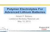 Development of Polymer Electrolytes for Advanced Lithium Batteries · 2014. 3. 27. · M. Minelli, M. Baschetti, D.T. Hallinan, N.P. Balsara, J. Mem. Sci., 2013 Major Finding: Transport