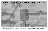 SONG LIST - NO ONE YOU KNOW - 6018properties.com