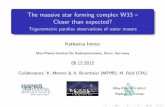 The massive star forming complex W33 { Closer than expected?