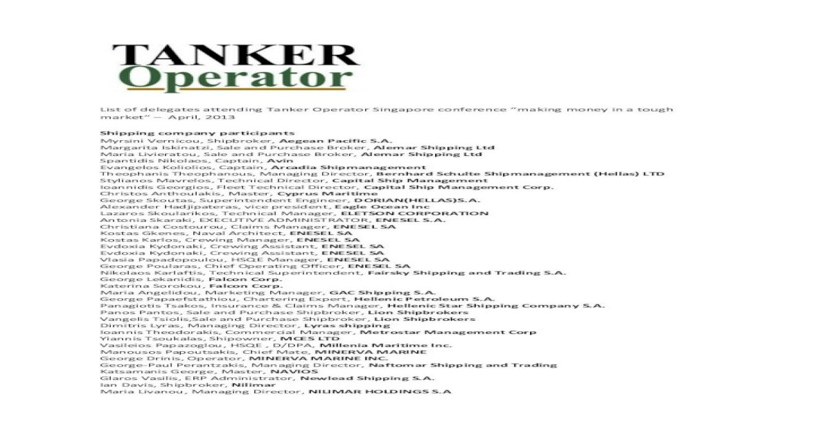List of delegates attending Tanker Operator Singapore conference ... - [PDF  Document]