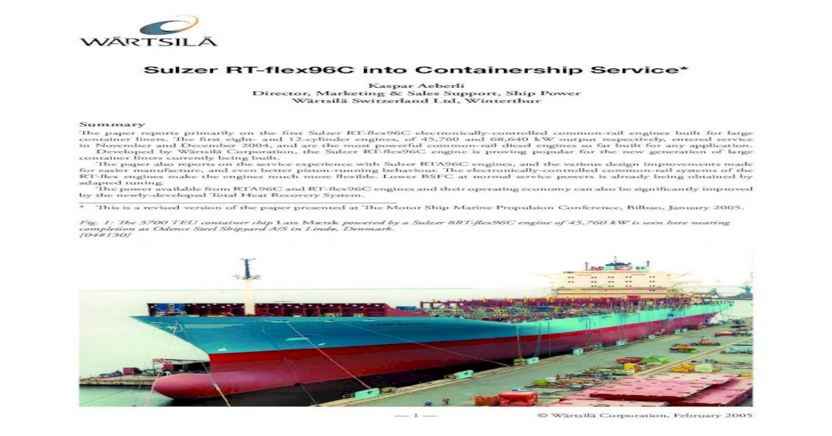Sulzer RT-&amp;iuml;&amp;not;&amp;sbquo; into Containership Service* fuel injection system Sulzer low-speed marine engines, electronically-controlled low-speed engines had been - [PDF Document]