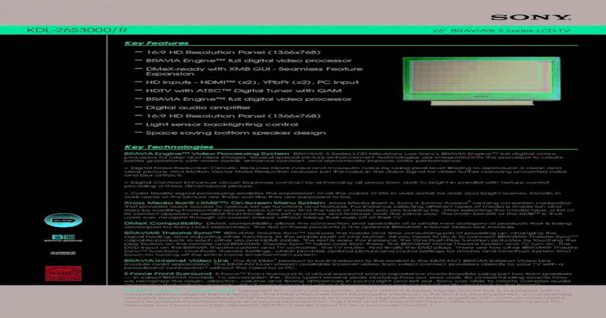 Kdl 26s3000 R 26 Bravia S Series Lcd Tv Bravia Engine Video Processing System Auto Sap Pdf Document