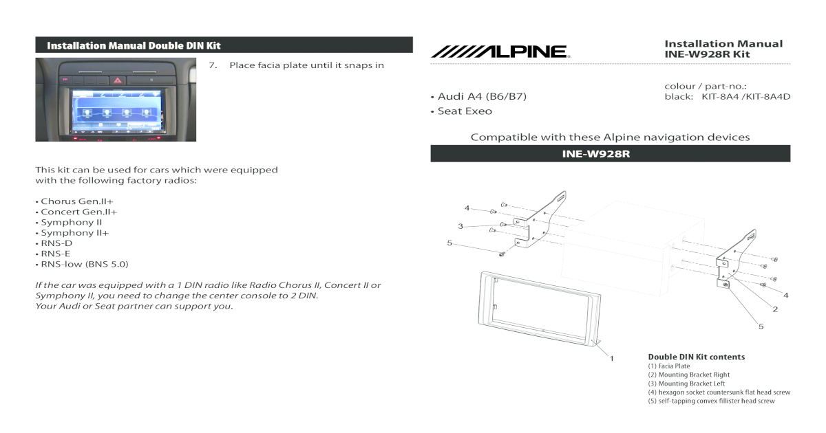 Installation Manual Double DIN Kit &acirc;&euro;&cent; Audi A4 (B6/B7)  &acirc;&euro;&cent; Seat Exeo - [PDF Document]