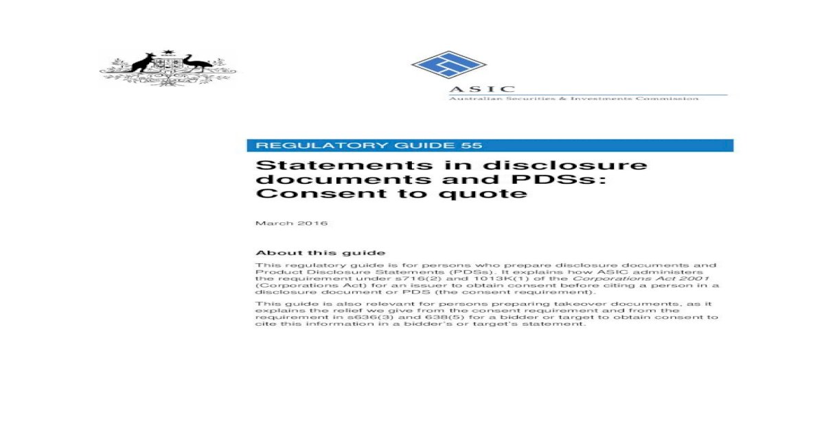 RG 55 Statements in disclosure documents and PDSs: Consent ...