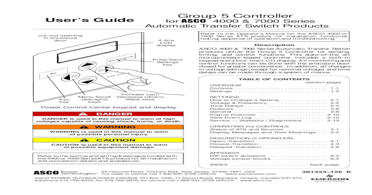 User's Guide for 4000 & 7000 Series Group 5 Controller to the  Operator’s Manual for the ASCO 4000 or 7000 Series ATS product for  installation, functional testing, sequence of operation,and - [PDF Document]  Asco Group 5 Controller Wiring Diagram    FDOCUMENTS