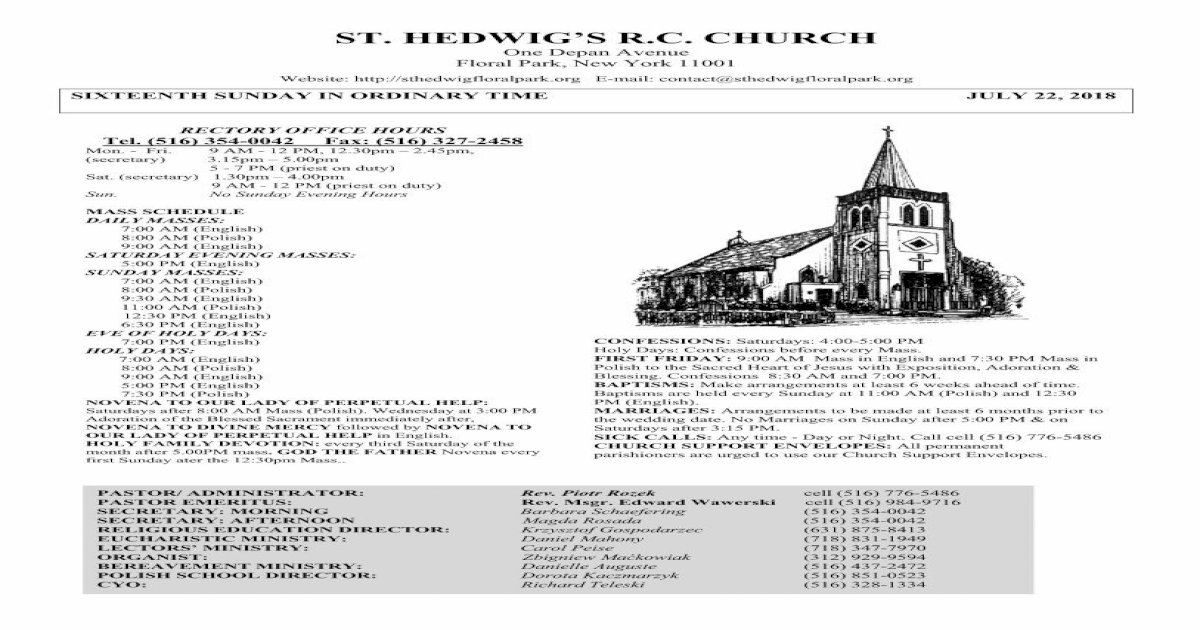 ST. HEDWIG&rsquo;S R.C. &middot; PDF fileDear Parishioners and Friends of  St. Hedwig&rsquo;s Church, In this bulletin, ... Next Sunday&rsquo;s theme  is &ldquo;Volunteering/Giving&rdquo;, don&rsquo;t miss it! Don&rsquo;t -  [PDF Document]