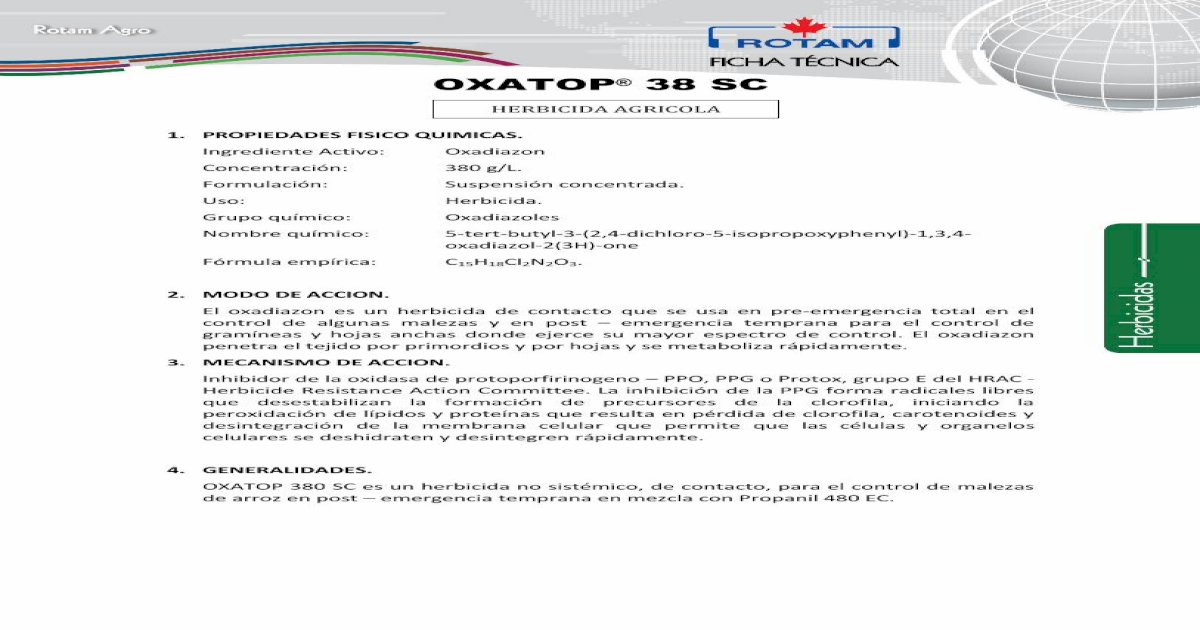 OXATOP 38 SC - rotam.com &middot; PDF fileGranadilla (Panicum  fasciculatum), Cadillo (Cenchrus spp). ... INTERVALO DE &Uacute;LTIMA  APLICACI&Oacute;N A LA COSECHA: ... En post &ndash; emergencia temprana -  [PDF Document]