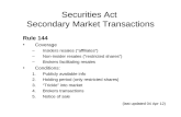 Securities Act Secondary Market Transactions Rule 144 Coverage –Insiders resales (“affiliates”) –Non-insider resales (“restricted shares”) –Brokers facilitating.