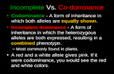 Incomplete Vs. Co-dominance Codominance - A form of inheritance in which both alleles are equally shown. Incomplete dominance - A form of inheritance in